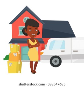 African-american homeowner unloading cardboard boxes from truck. Homeowner standing in front of new home. New homeowner moving to a house. Vector flat design illustration isolated on white background.