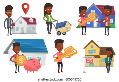 African-american house owner putting dollar coin in piggy bank on the background of house. Man investing money in real estate. Set of vector flat design illustrations isolated on white background.