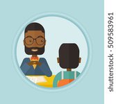 An african-american human resource manager talking with job applicant. Job applicant during job interview for the position. Vector flat design illustration in the circle isolated on red background.