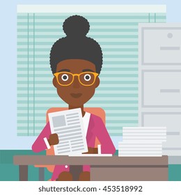 An african-american human resources manager reading application portfolios in the office. Concept of recruitment of staff, job interview. Vector flat design illustration. Square layout.