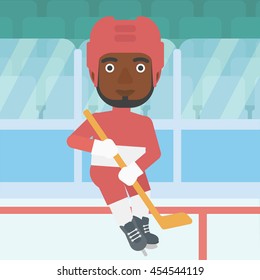 An african-american ice hockey player with the beard skating on ice rink. Ice hockey player with a stick. Sportsman playing ice hockey. Vector flat design illustration. Square layout.