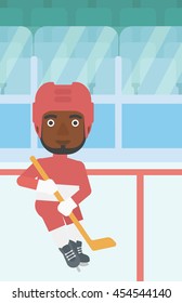 An african-american ice hockey player with the beard skating on ice rink. Ice hockey player with a stick. Sportsman playing ice hockey. Vector flat design illustration. Vertical layout.