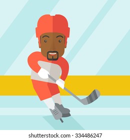 A african-american ice-hockey player skating with a stick at the rink vector flat design illustration. Square layout.