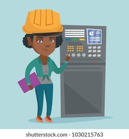 African-american industrial engineer in hard hat working on control panel. Industrial engineer with a clipboard pressing button on control panel. Vector cartoon illustration. Square layout.