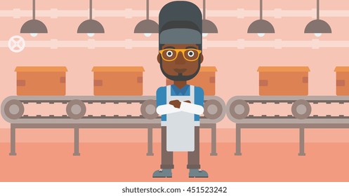African-american industrial worker with protective welder mask. Welder with arms crossed on the background of factory workshop with conveyor belt. Vector flat design illustration. Horizontal layout.