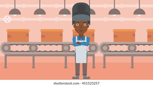 African-american industrial worker with protective welder mask. Welder with arms crossed on the background of factory workshop with conveyor belt. Vector flat design illustration. Horizontal layout.