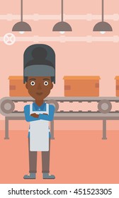 An african-american industrial worker with protective welder mask. Welder with arms crossed on the background of factory workshop with conveyor belt. Vector flat design illustration. Vertical layout.