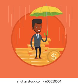 African-american insurance agent. Insurance agent holding umbrella over golden coins. Business insurance and protection concept. Vector flat design illustration in the circle isolated on background.