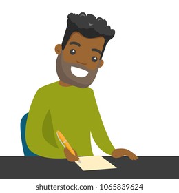 African-american journalist sitting at the table and writing notes on a piece of paper with a pen. Young smiling journalist writing an article. Vector cartoon illustration isolated on white background