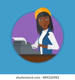 An african-american journalist writing an article on a vintage typewriter. Woman working on retro typewriter and smoking pipe. Vector flat design illustration in the circle isolated on background.