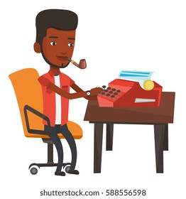 African-american journalist writing an article on vintage typewriter and smoking pipe. Concentrated journalist working on retro typewriter. Vector flat design illustration isolated on white background