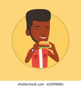 African-american joyful man eating hamburger. Happy man with eyes closed biting hamburger. Man is about to eat delicious hamburger. Vector flat design illustration in the circle isolated on background