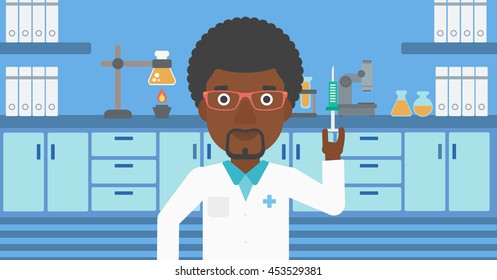 An african-american laboratory assistant with the beard holding syringe on the background of a laboratory with equipment. Vector flat design illustration. Horizontal layout.