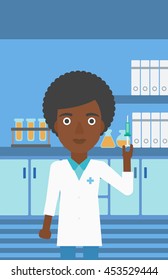 An african-american laboratory assistant with the beard holding syringe on the background of a laboratory with equipment. Vector flat design illustration. Vertical layout.