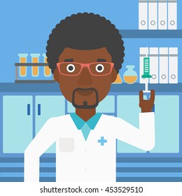An african-american laboratory assistant with the beard holding syringe on the background of a laboratory with equipment. Vector flat design illustration. Square layout.