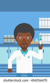 An african-american laboratory assistant with the beard holding syringe on the background of a laboratory with equipment. Vector flat design illustration. Vertical layout.