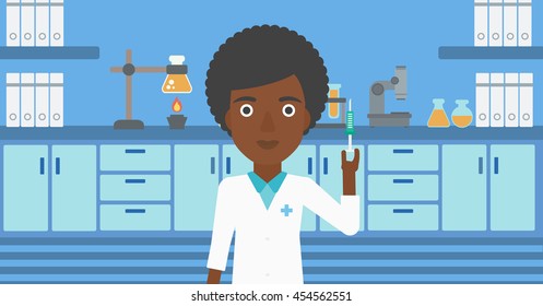 An african-american laboratory assistant with the beard holding syringe on the background of a laboratory with equipment. Vector flat design illustration. Horizontal layout.