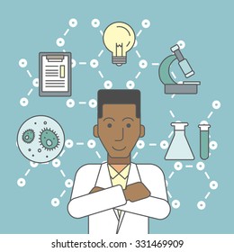 An african-american laboratory assistant with different icons around him symbolizing laboratory work on a background with molecular structure. Vector line design illustration. Square layout.