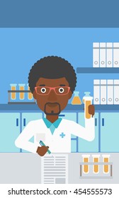 An african-american laboratory assistant taking some notes and working with a test tube at the lab. Vector flat design illustration. Vertical layout.