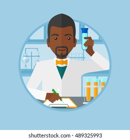 An african-american laboratory assistant taking some notes. Laboratory assistant working with a test tube at the laboratory. Vector flat design illustration in the circle isolated on background.