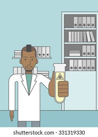An african-american laboratory assistant with a test tube with biohazard sign on it. Vector line design illustration. Vertical layout with a text space for a social media post.
