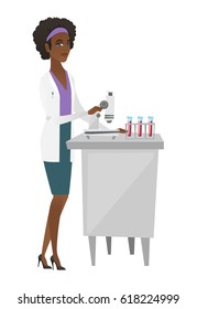 African-american laboratory assistant working with microscope. Young scientist using microscope to analyze samples of blood in test tubes. Vector flat design illustration isolated on white background.