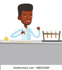 African-american laboratory assistant working with a test tube and taking some notes. Laboratory assistant analyzing liquid in test tube. Vector flat design illustration isolated on white background.