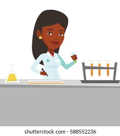 African-american laboratory assistant working with a test tube and taking some notes. Laboratory assistant analyzing liquid in test tube. Vector flat design illustration isolated on white background.