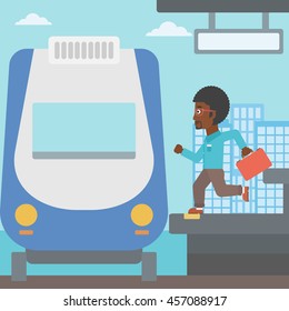 An african-american latecomer man with briefcase running along the platform to reach the train. Hipster man came too late at train station. Vector flat design illustration. Square layout.