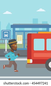 An african-american latecomer man running along the sidewalk to reach a bus. Hipster man with the beard came too late at bus stop. Man chasing a bus. Vector flat design illustration. Vertical layout.