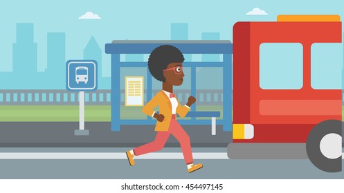 An african-american latecomer woman running along the sidewalk to reach a bus. Young woman came too late at bus stop. Woman chasing a bus. Vector flat design illustration. Horizontal  layout.