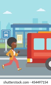 An African-american Latecomer Woman Running Along The Sidewalk To Reach A Bus. Young Woman Came Too Late At Bus Stop. Woman Chasing A Bus. Vector Flat Design Illustration. Vertical Layout.