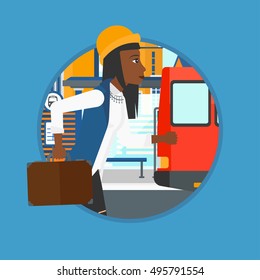 African-american latecomer woman running along the sidewalk to reach a bus. Woman came too late at bus stop. Woman chasing a bus. Vector flat design illustration in the circle isolated on background.