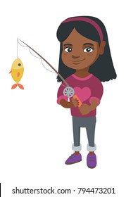 African-american little girl fishing. Full length of smiling girl holding fishing rod with fish on a hook. Vector sketch cartoon illustration isolated on white background.