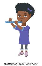 African-american little girl playing the flute. Full length of girl practicing on her flute.Concentrated girl with a flute. Vector sketch cartoon illustration isolated on white background.