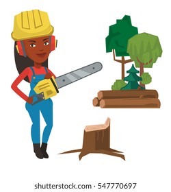 African-american lumberjack holding chainsaw. Smiling lumberjack in workwear, hard hat and headphones. Young lumberjack with chainsaw. Vector flat design illustration isolated on white background.