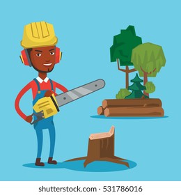 An african-american lumberjack holding chainsaw. Lumberjack in workwear, hard hat and headphones at the forest near stump. Lumberjack chopping wood. Vector flat design illustration. Square layout.