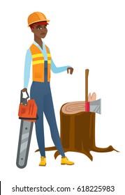 African-american lumberjack holding chainsaw. Lumberjack in workwear and hard hat standing near stump with axe. Lumberjack chopping wood. Vector flat design illustration isolated on white background.