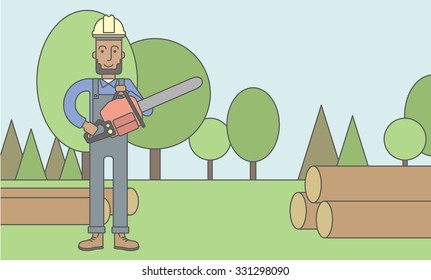 An african-american lumber-man with a chainsaw on a forest background. Vector line design illustration. Horizontal layout with a text space for a social media post.
