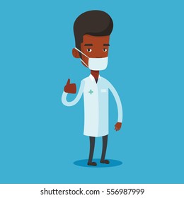 African-american male doctor in mask giving thumbs up. Male doctor in medical gown showing thumbs up gesture. Male doctor with gesture thumb up. Vector flat design illustration. Square layout.