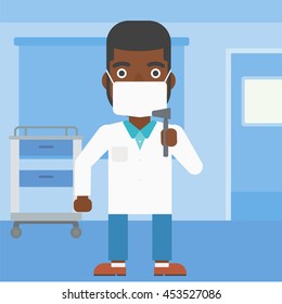 An african-american male ear nose throat doctor in mask holding tools used for examination while standing in the medical office. Vector flat design illustration. Square layout.