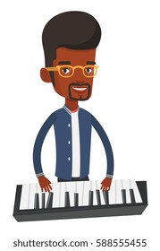 African-american male pianist playing on synthesizer. Young smiling musician playing piano. Pianist playing upright piano. Vector flat design illustration isolated on white background.