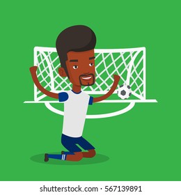 African-american male soccer player celebrating scoring goal. Young soccer player kneeling with raised arms on the background of gate with ball in it. Vector flat design illustration. Square layout.