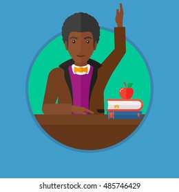 An african-american male student raising hand in the classroom for an answer. Student sitting at the table with raised hand. Vector flat design illustration in the circle isolated on background.