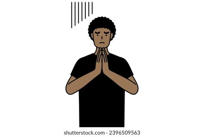 African-American man apologizing with his hands in front of his body, Vector Illustration