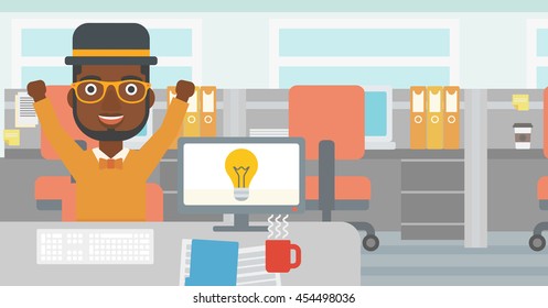 Un hombre afro-americano con armas levantando una idea de negocio. Hombre trabajando en una computadora con una bombilla de ideas de negocios en una pantalla. Concepto de idea de negocio. Ilustración de diseño plana vectorial. Diseño horizontal.