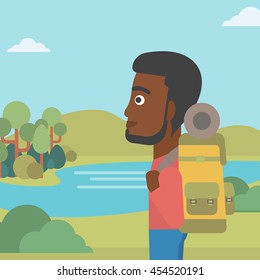An african-american man with backpack enjoying the view of landscape with mountains and lake. Vector flat design illustration. Square layout.
