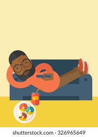 An african-american man with beard lying on a sofa holding a remote with three donuts on the plate and soda on the floor vector flat design illustration. Vertical layout with a text space.