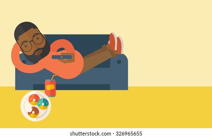 An african-american man with beard lying on a sofa holding a remote with three donuts on the plate and soda on the floor vector flat design illustration. Horizontal layout with a text space.