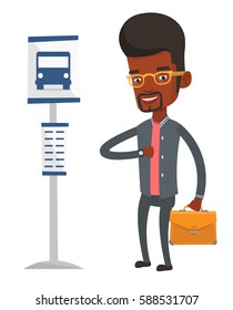 African-american man with briefcase waiting at the bus stop. Business man standing at the bus stop. Man looking at watch at the bus stop. Vector flat design illustration isolated on white background.